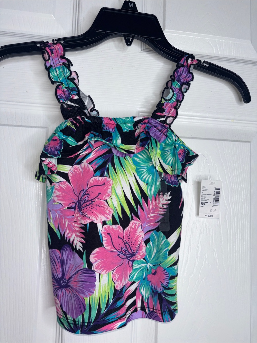 The Children's Place Girls Black Floral Ruffle Strap Tank Top - Pink Purple Teal